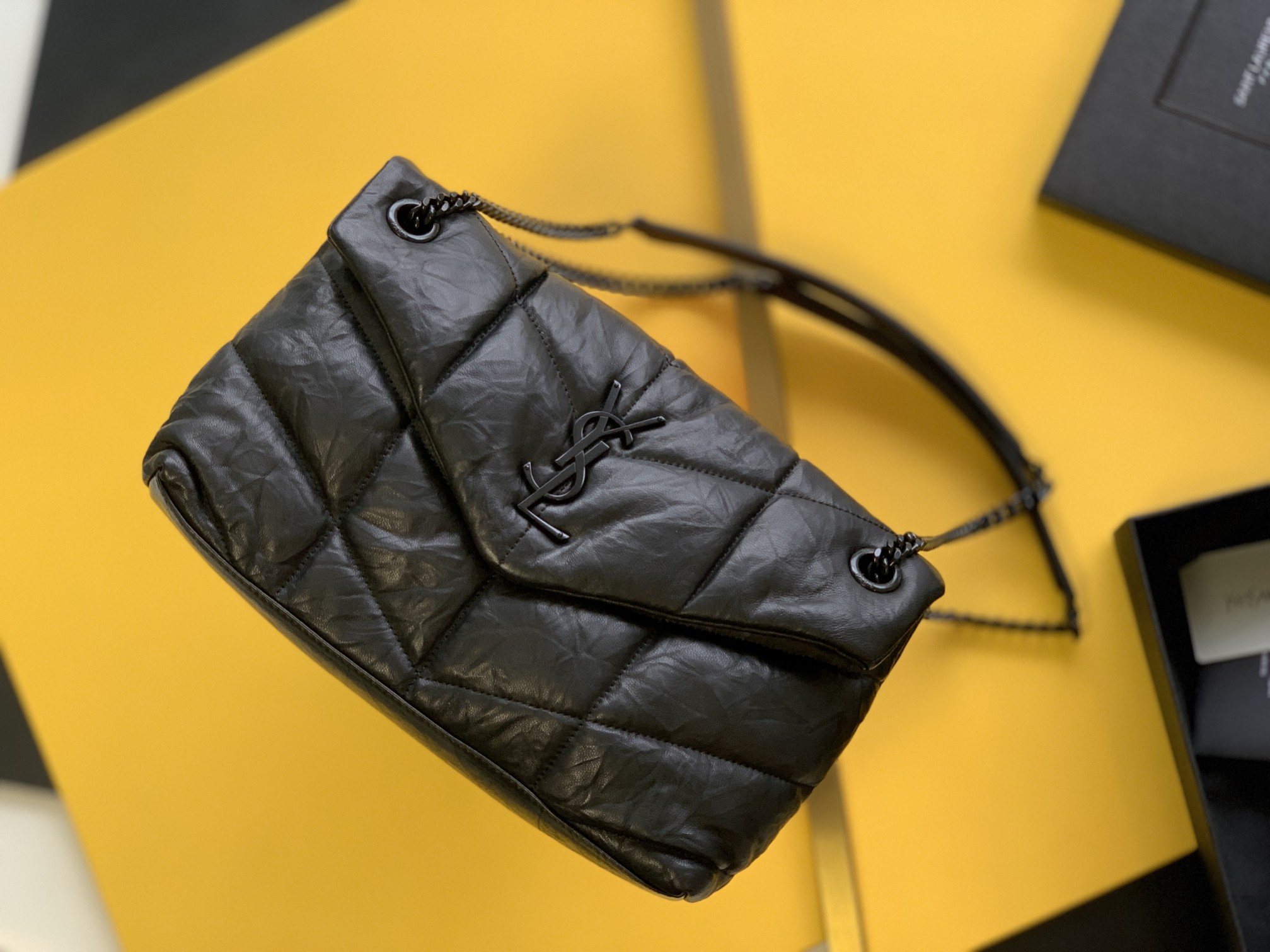 Puffer Medium Chain Bag in Denim and Smooth Leather