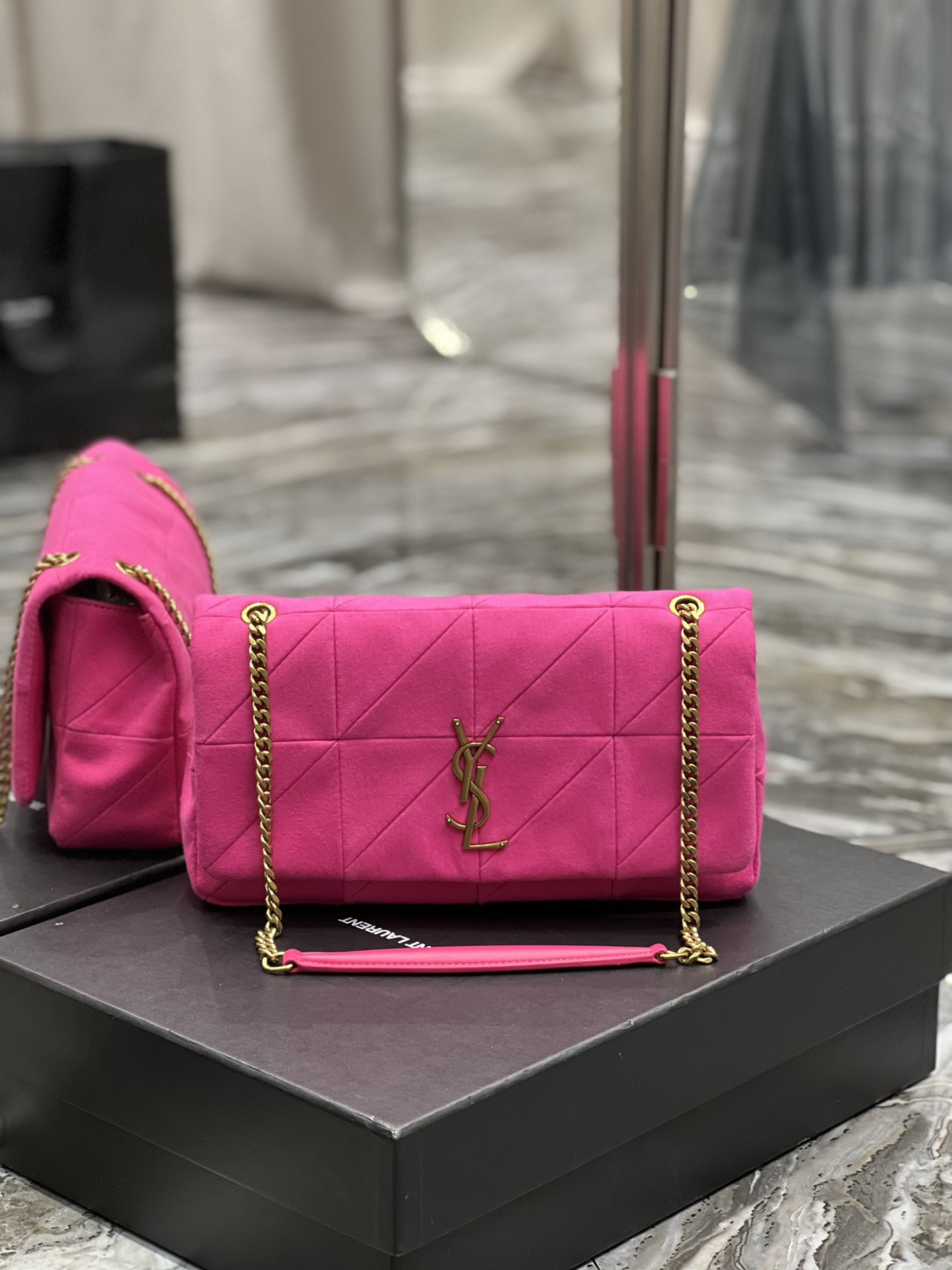 Jamie Medium Chain Bag "Carre Rive Gauche" in Lambskin and Suede Bag